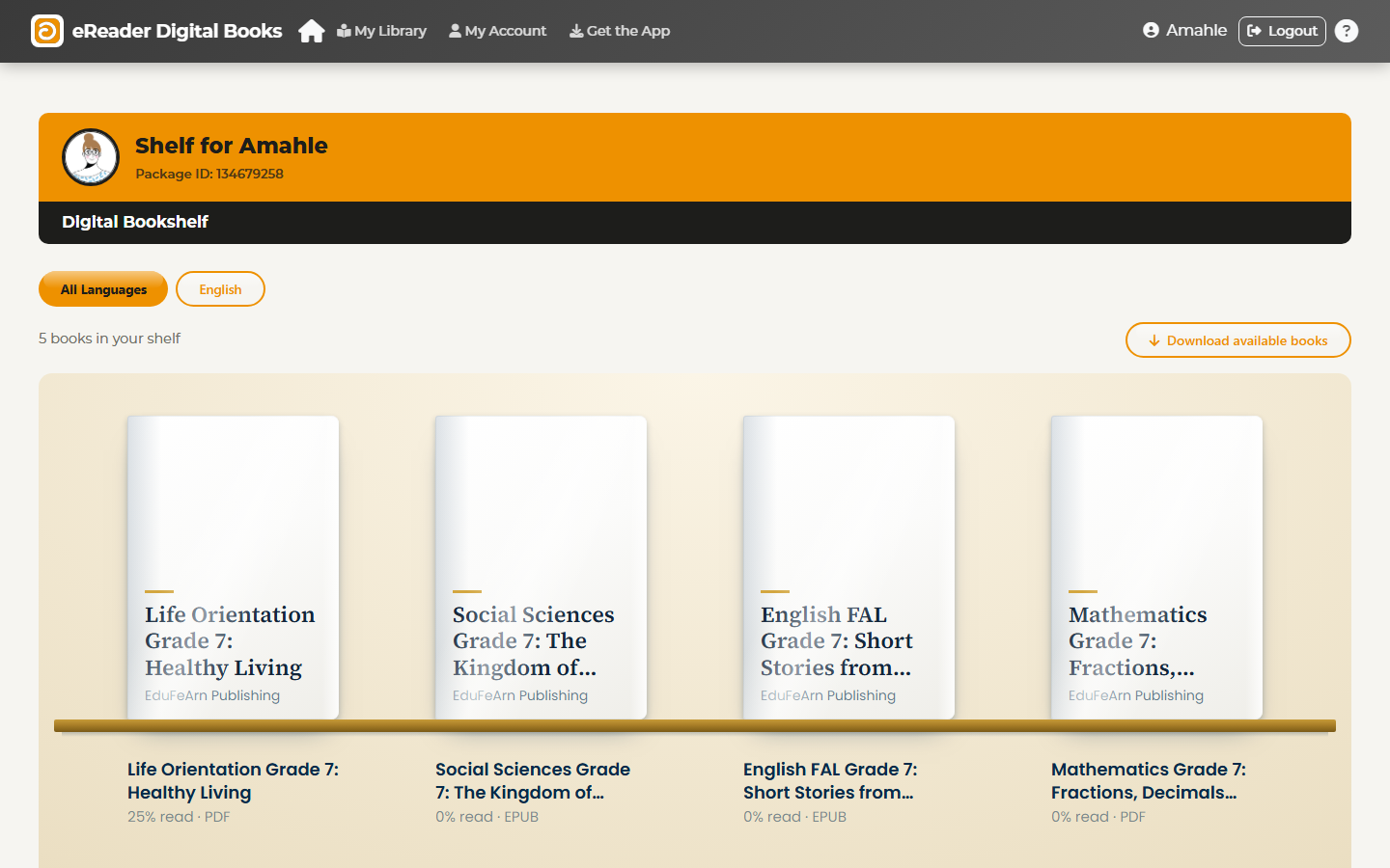 A learner's digital bookshelf with Grade 7 titles